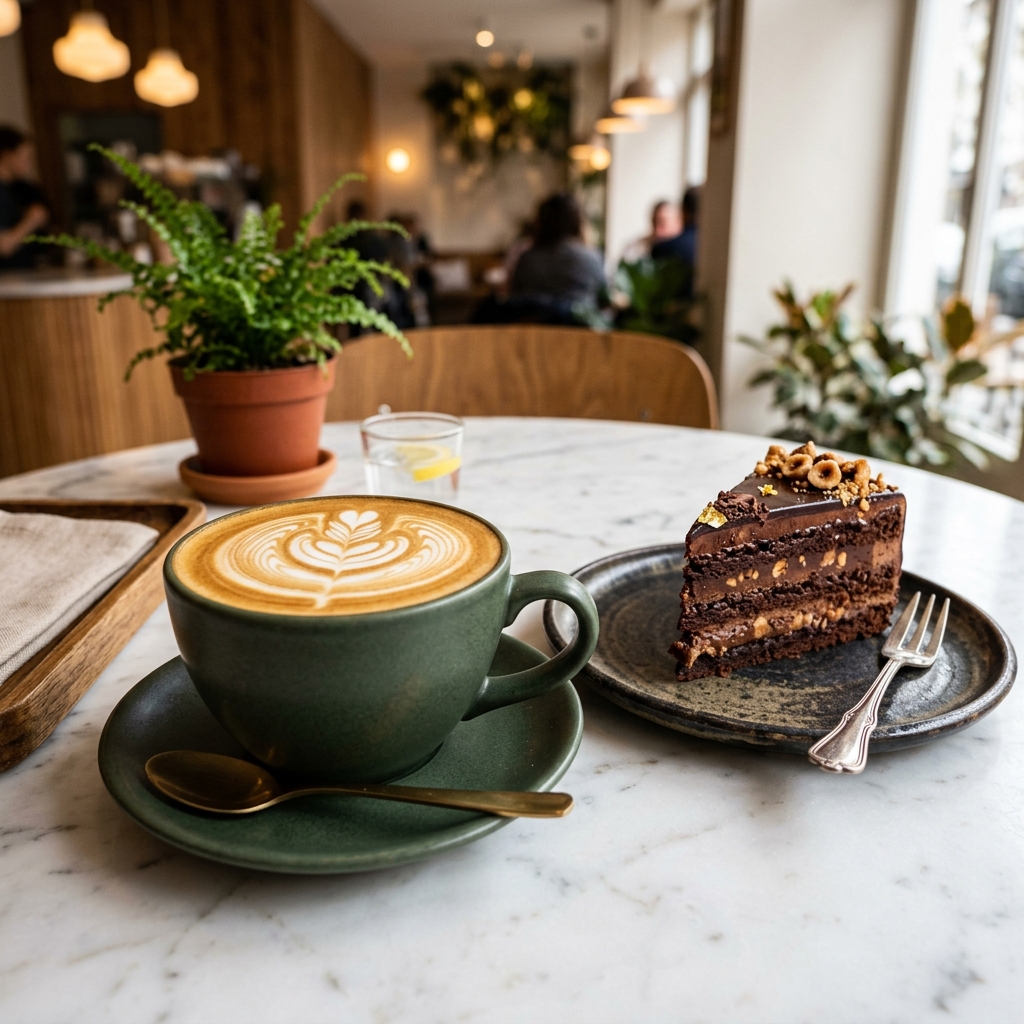 Heißer Cappuccino und Kaffee und Kuchen bei Alnura Cafe